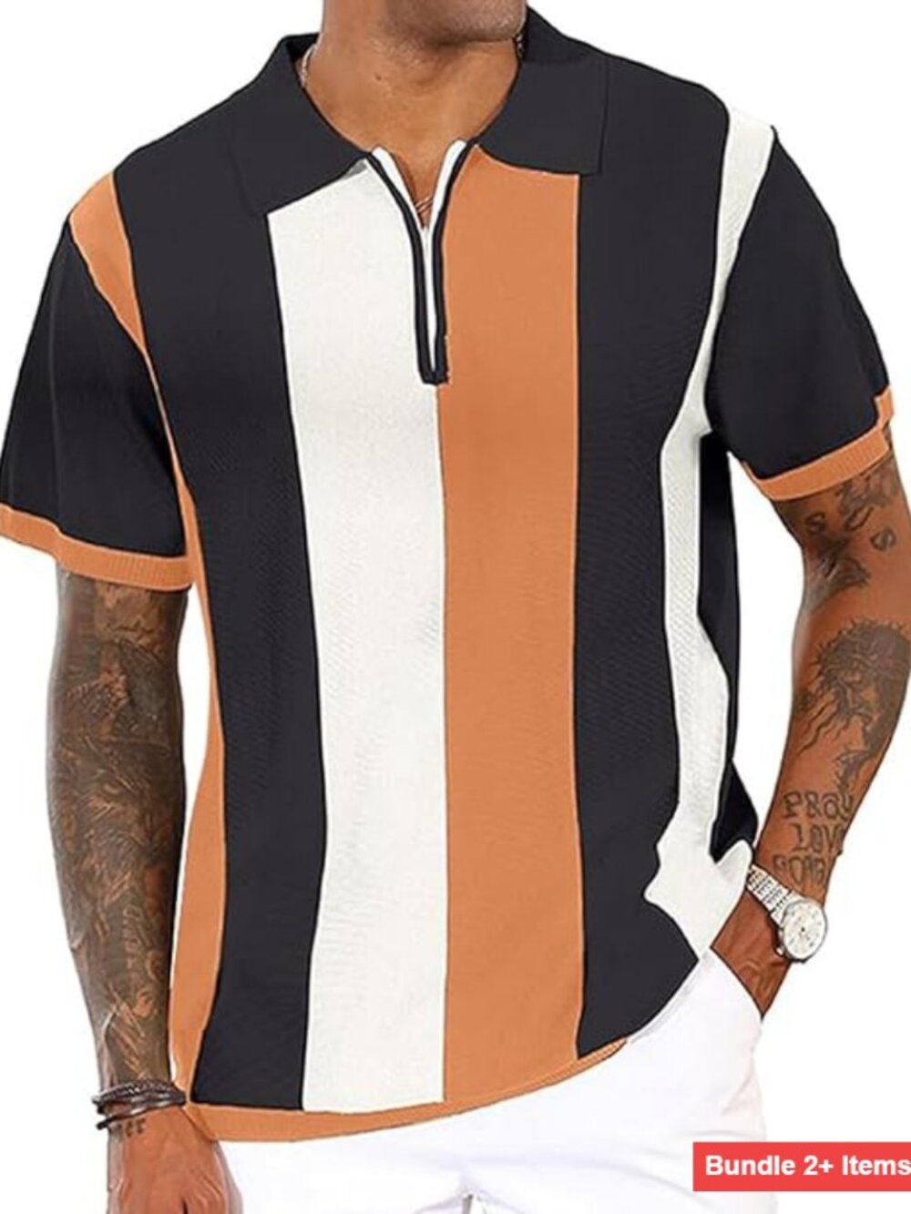 Men's Striped Polo Shirt Quarter Zipper Stretchy Golf Casual Vintage
